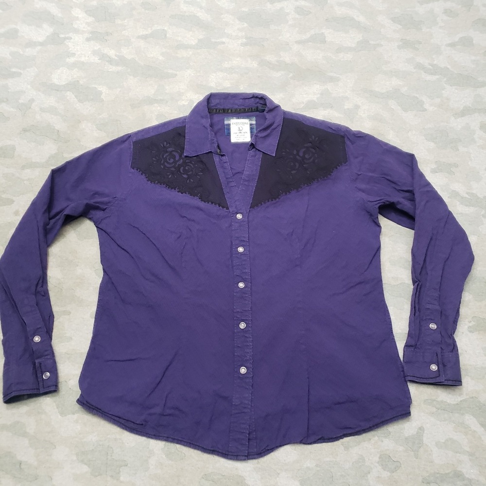 Panhandle Rough Stock Top Womens Large Purple‎ Pearl Snap Long Sleeve Western